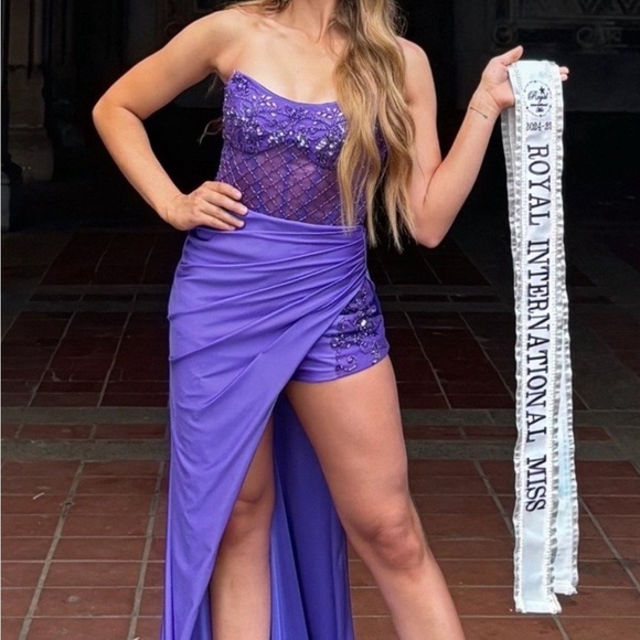 Pageant or Prom purple beaded jumpsuit with cape